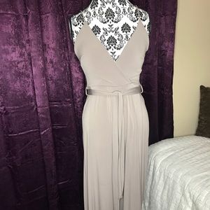 Spaghetti strap slinky material jumpsuit leg split